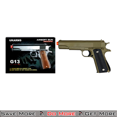 UK Arms 1911 Metal Spring Powered Airsoft Pistol Tan Box