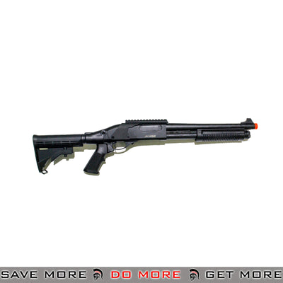 JAG Arms Scattergun TSS Gas Shotgun Airsoft Gun w/ Side Saddle [JAG SG TSS BLK] - Black, Collapsible Stock Gas Shotguns- ModernAirsoft.com